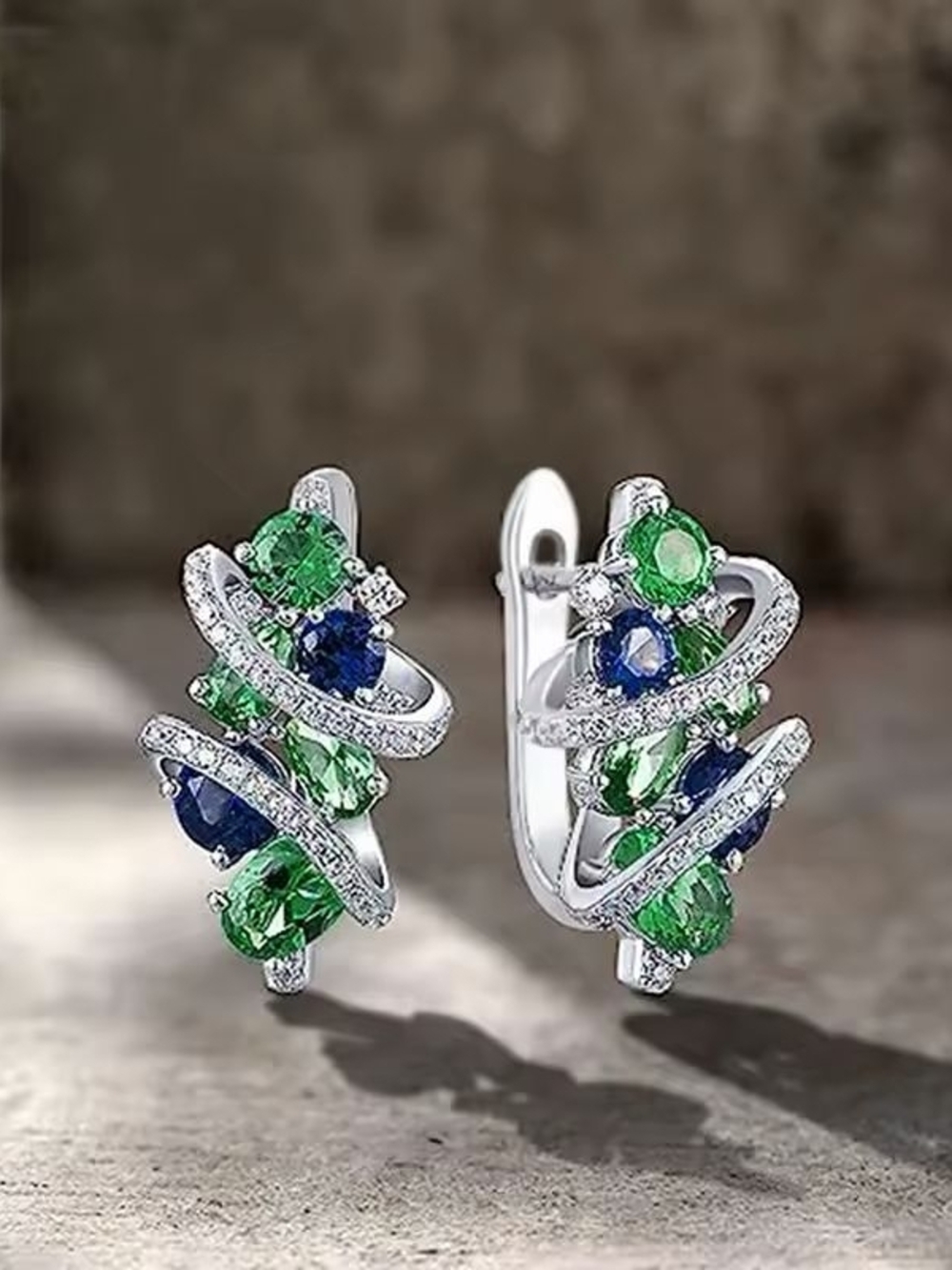 Green and Blue Crystal Swirl Hoop Earrings